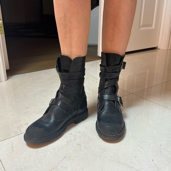 Diesel Distressed Leather Moto Boots | Black | Buckle Detail | Size 38 - Picture 5 of 7